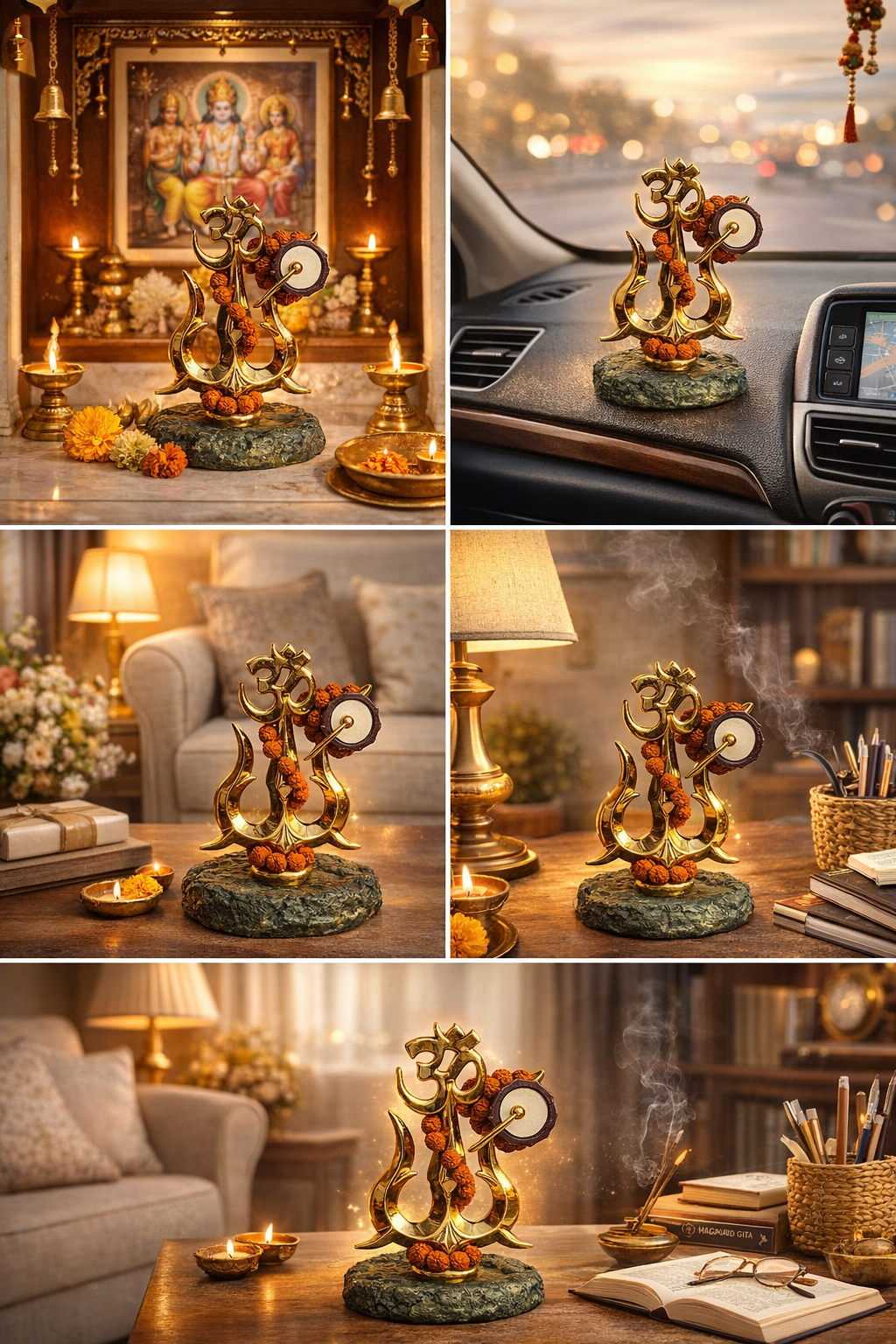 Golden Om Trishul with Damru Idol – Premium Rudraksha Shiv Statue for Home Mandir, Car Dashboard & Spiritual Decor | Vastu Positive Energy Gift