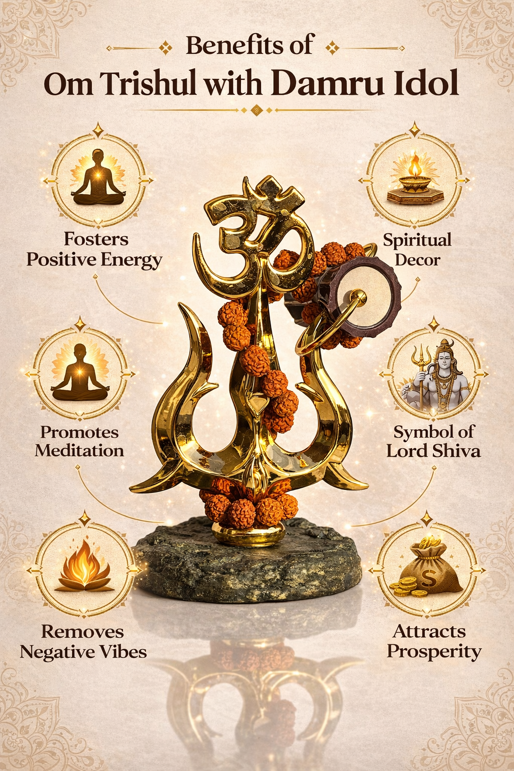 Golden Om Trishul with Damru Idol – Premium Rudraksha Shiv Statue for Home Mandir, Car Dashboard & Spiritual Decor | Vastu Positive Energy Gift