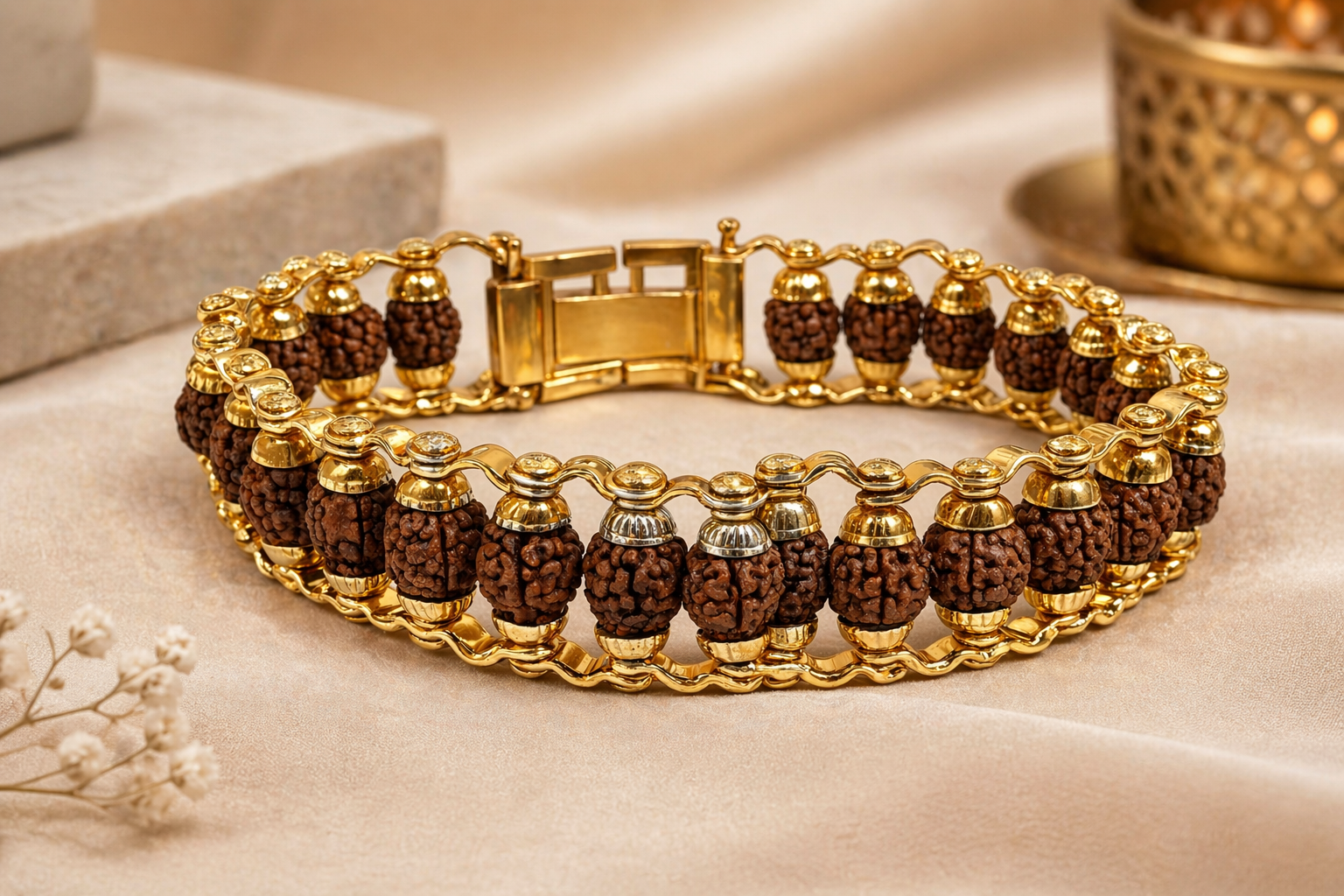 Brajmantra 5 Mukhi Rudraksha Bracelet for Men & Women | Gold Plated Spiritual Bracelet | Natural Original Beads | Stress Relief, Positive Energy & Protection