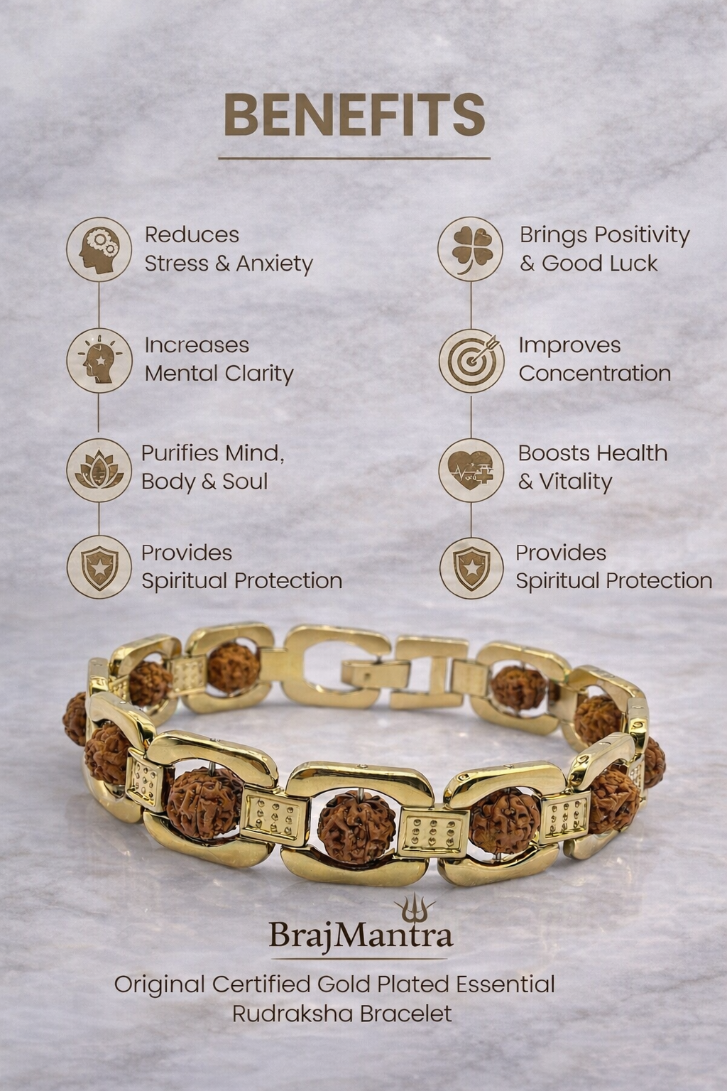 BrajMantra Original Gold Plated Rudraksha Bracelet – Certified Natural Rudraksha Beads | Stress Relief, Good Luck, Protection & Positivity | Unisex 8.5 Inch Adjustable