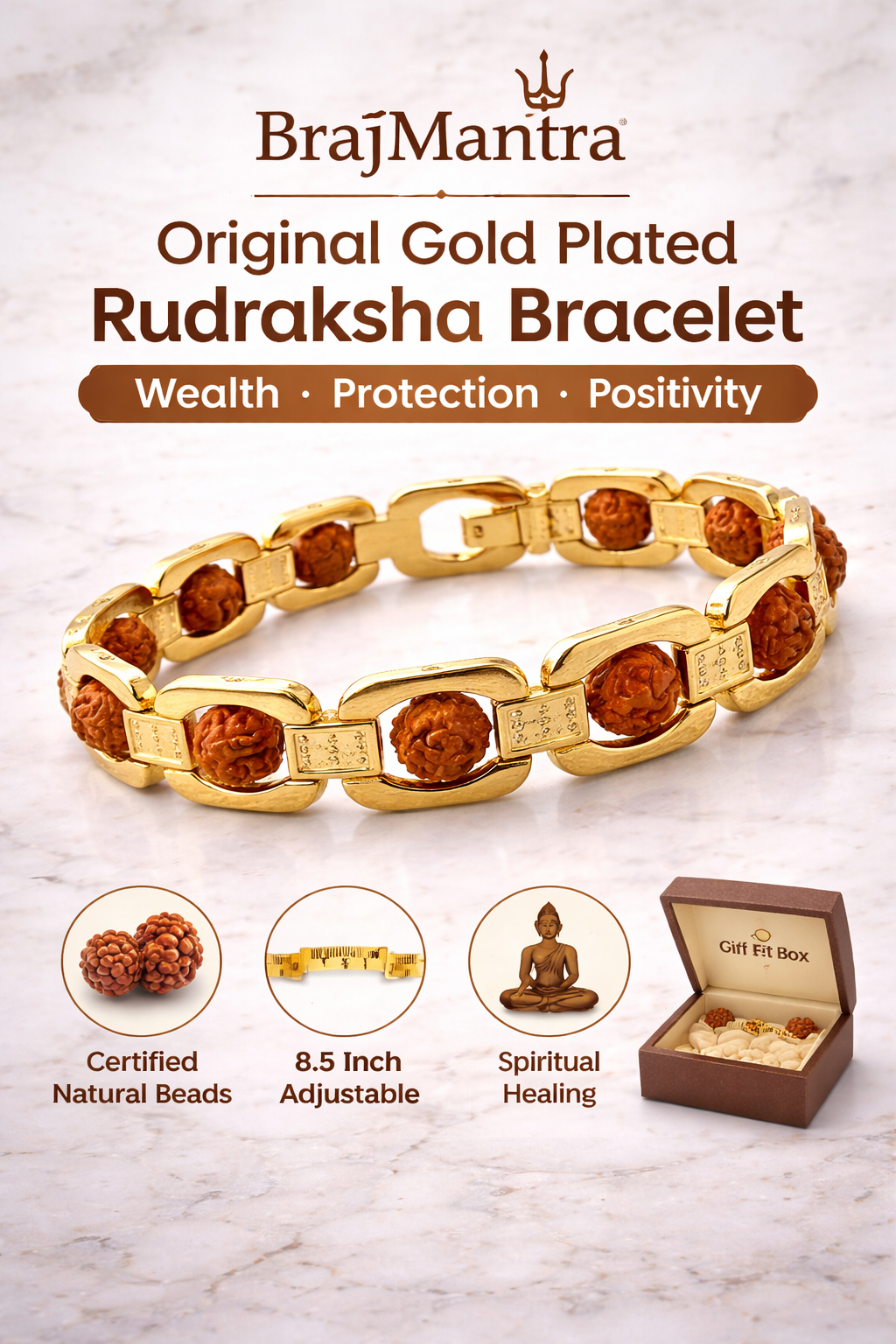 BrajMantra Original Gold Plated Rudraksha Bracelet – Certified Natural Rudraksha Beads | Stress Relief, Good Luck, Protection & Positivity | Unisex 8.5 Inch Adjustable