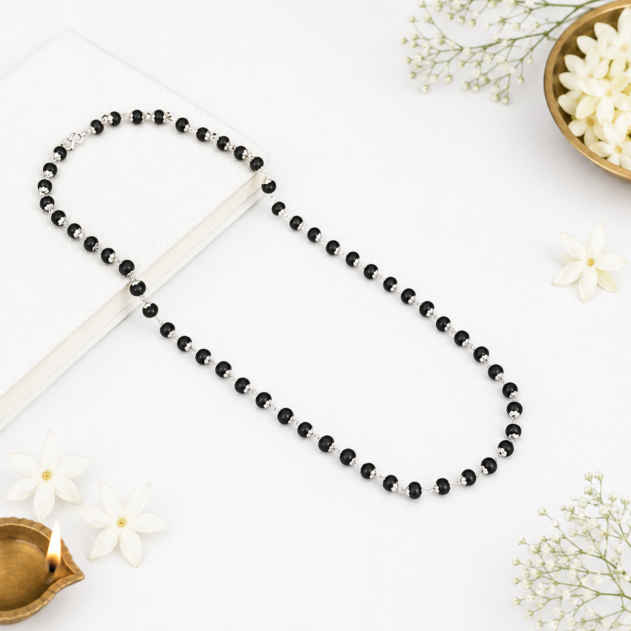 Original Karungali Mala with Silver Capped Beads for Men & Women | Energised Ebony Wood Mala Necklace by Braj Mantra