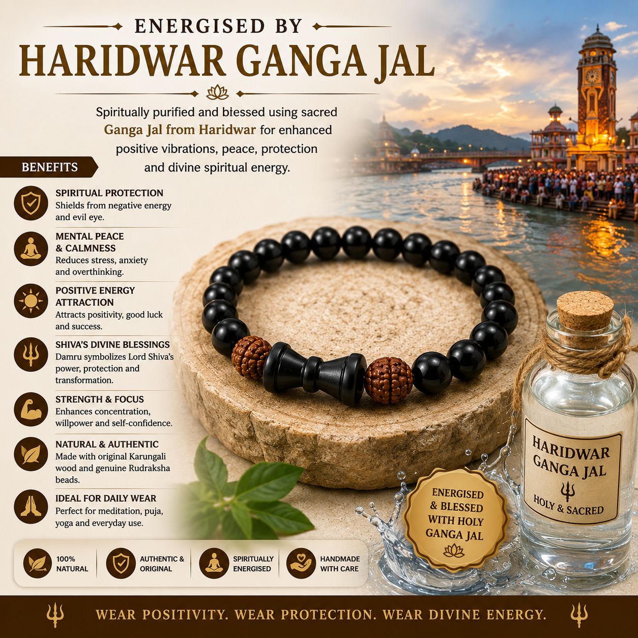 Karungali Rudraksha Damru Bracelet for Men & Women | Energised with Haridwar Ganga Jal |