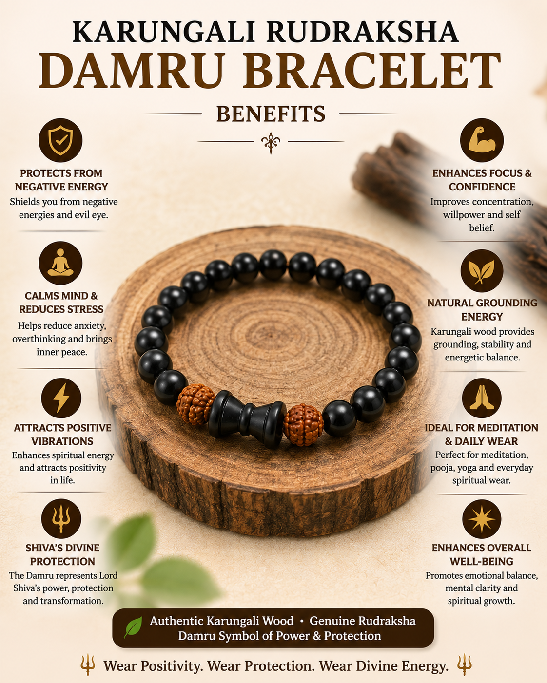 Karungali Rudraksha Damru Bracelet for Men & Women | Energised with Haridwar Ganga Jal |