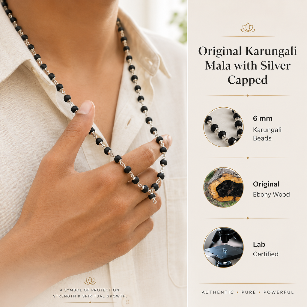 Original Karungali Mala with Silver Capped Beads for Men & Women | Energised Ebony Wood Mala Necklace by Braj Mantra