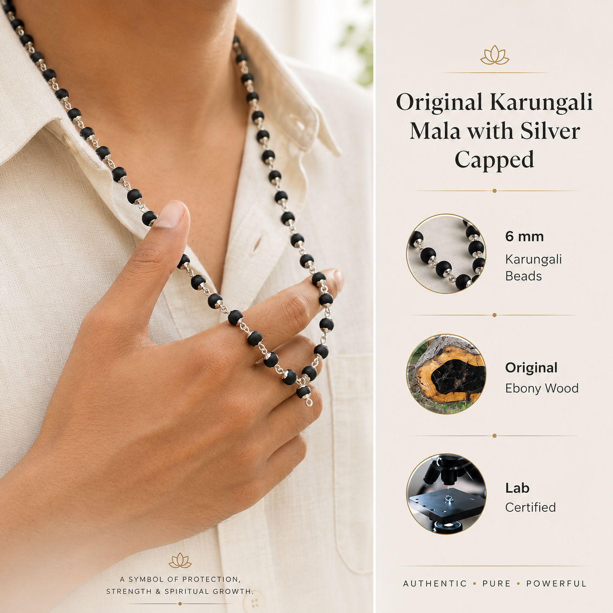 Original Karungali Mala with Silver Capped Beads for Men & Women | Energised Ebony Wood Mala Necklace by Braj Mantra