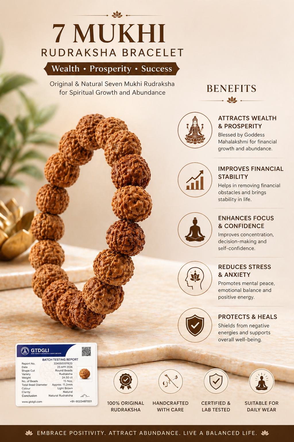 7 Mukhi Rudraksha Bracelet for Wealth & Prosperity | Original Natural Seven Face Rudraksha Mala | Energized Spiritual Bracelet for Men & Women (Adjustable)