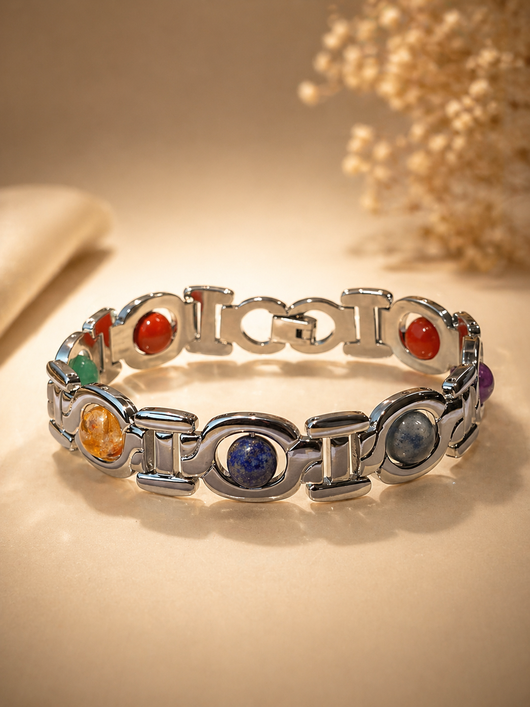 Premium 7 Chakra Stone Bracelet – Energy Healing & Balance | 20cm Silver Link Bracelet with 6mm Natural Stones | Unisex Spiritual Jewelry
