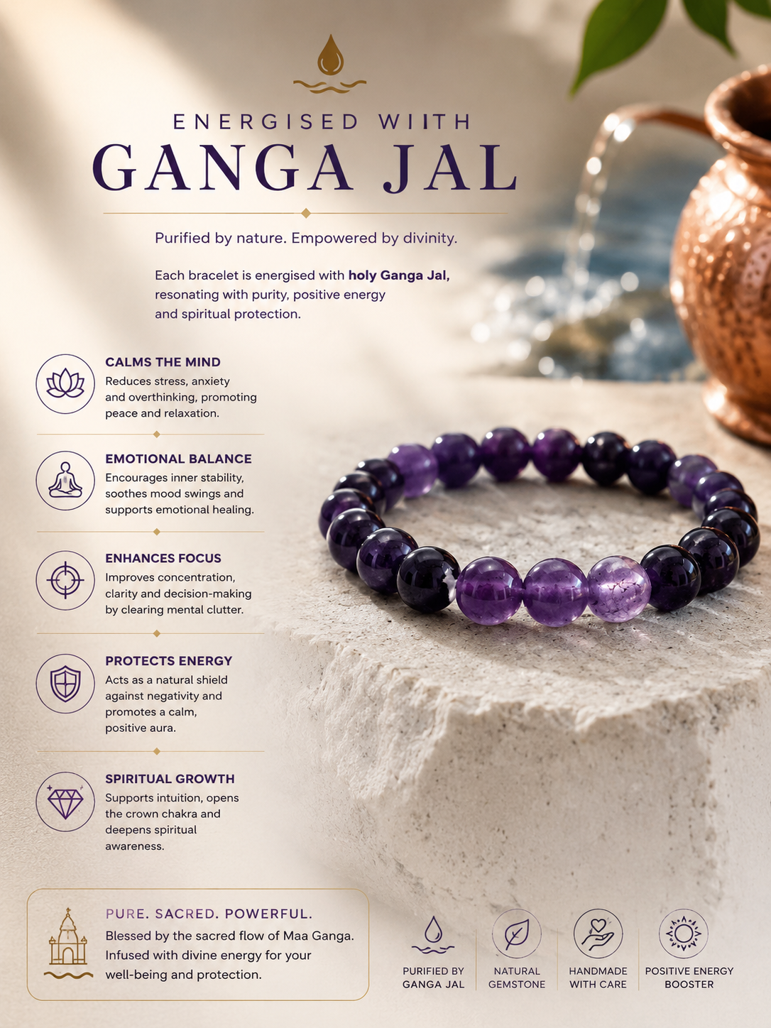 Braj Mantra Divine Amethyst Bracelet | Spiritual Healing Crystal Beads | Calm Mind & Protection Bracelet