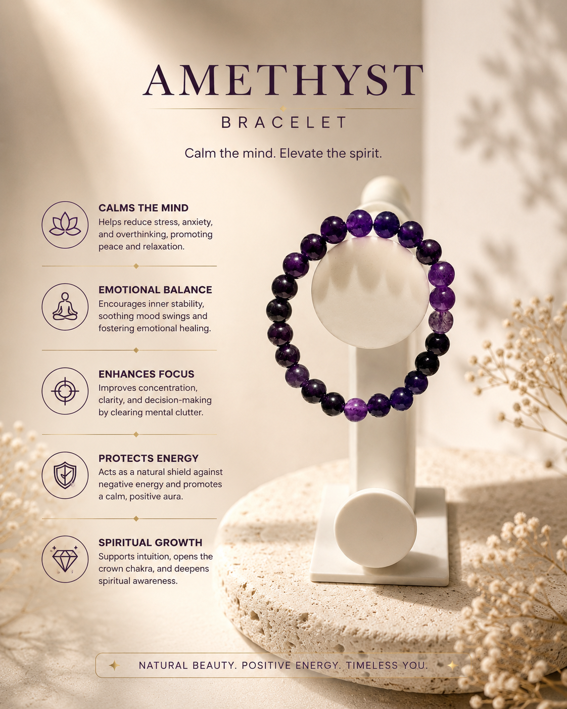 Braj Mantra Divine Amethyst Bracelet | Spiritual Healing Crystal Beads | Calm Mind & Protection Bracelet
