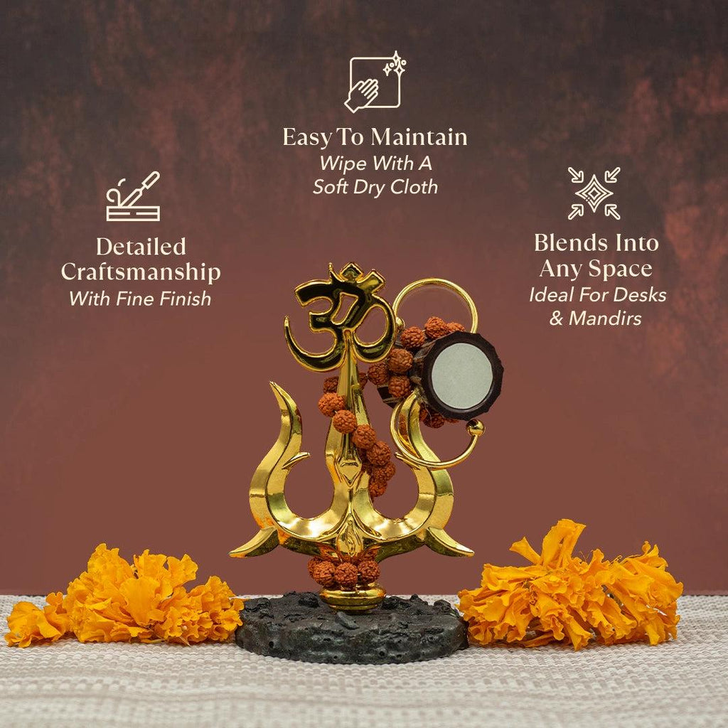 Golden Om Trishul with Damru Idol – Premium Rudraksha Shiv Statue for Home Mandir, Car Dashboard & Spiritual Decor | Vastu Positive Energy Gift