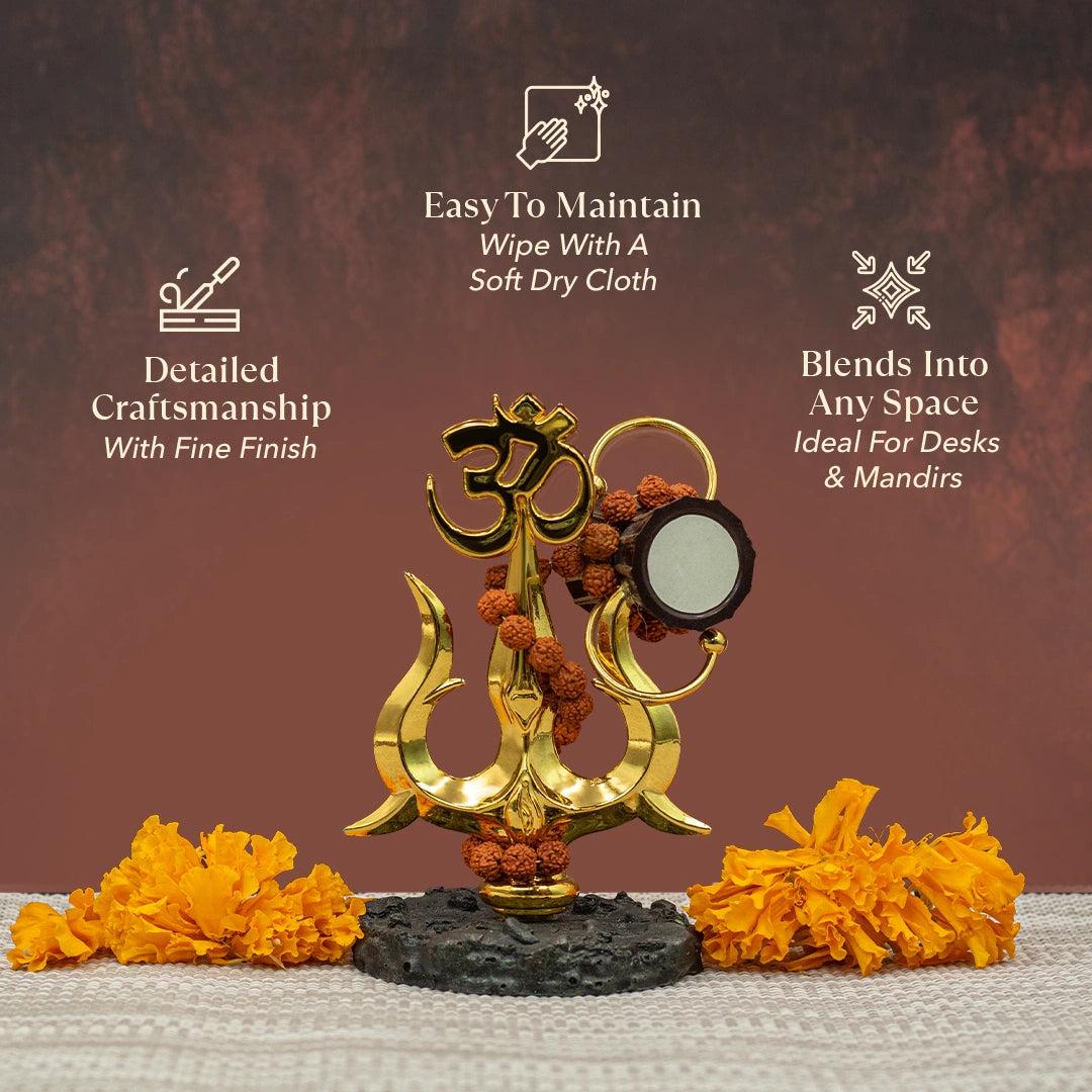 Golden Om Trishul with Damru Idol – Premium Rudraksha Shiv Statue for Home Mandir, Car Dashboard & Spiritual Decor | Vastu Positive Energy Gift