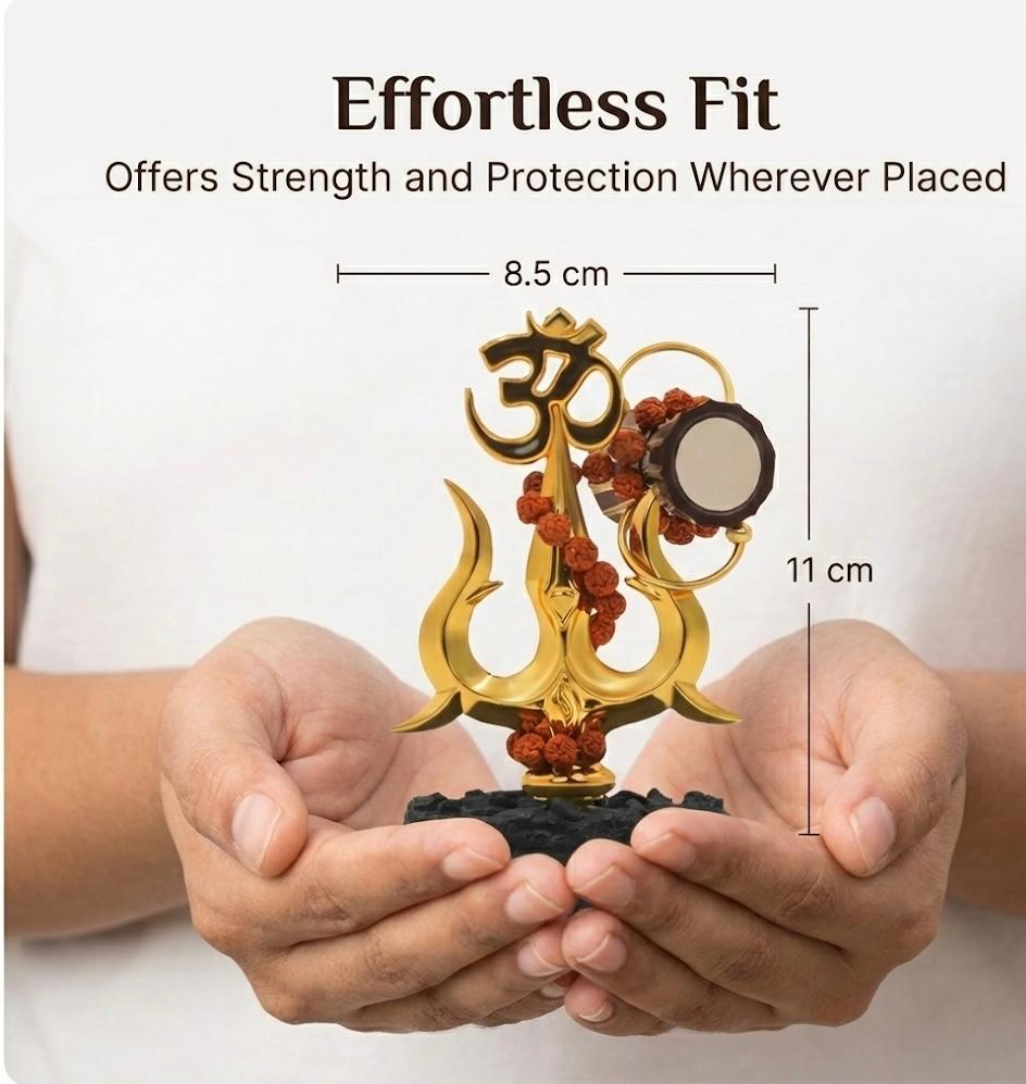 Golden Om Trishul with Damru Idol – Premium Rudraksha Shiv Statue for Home Mandir, Car Dashboard & Spiritual Decor | Vastu Positive Energy Gift